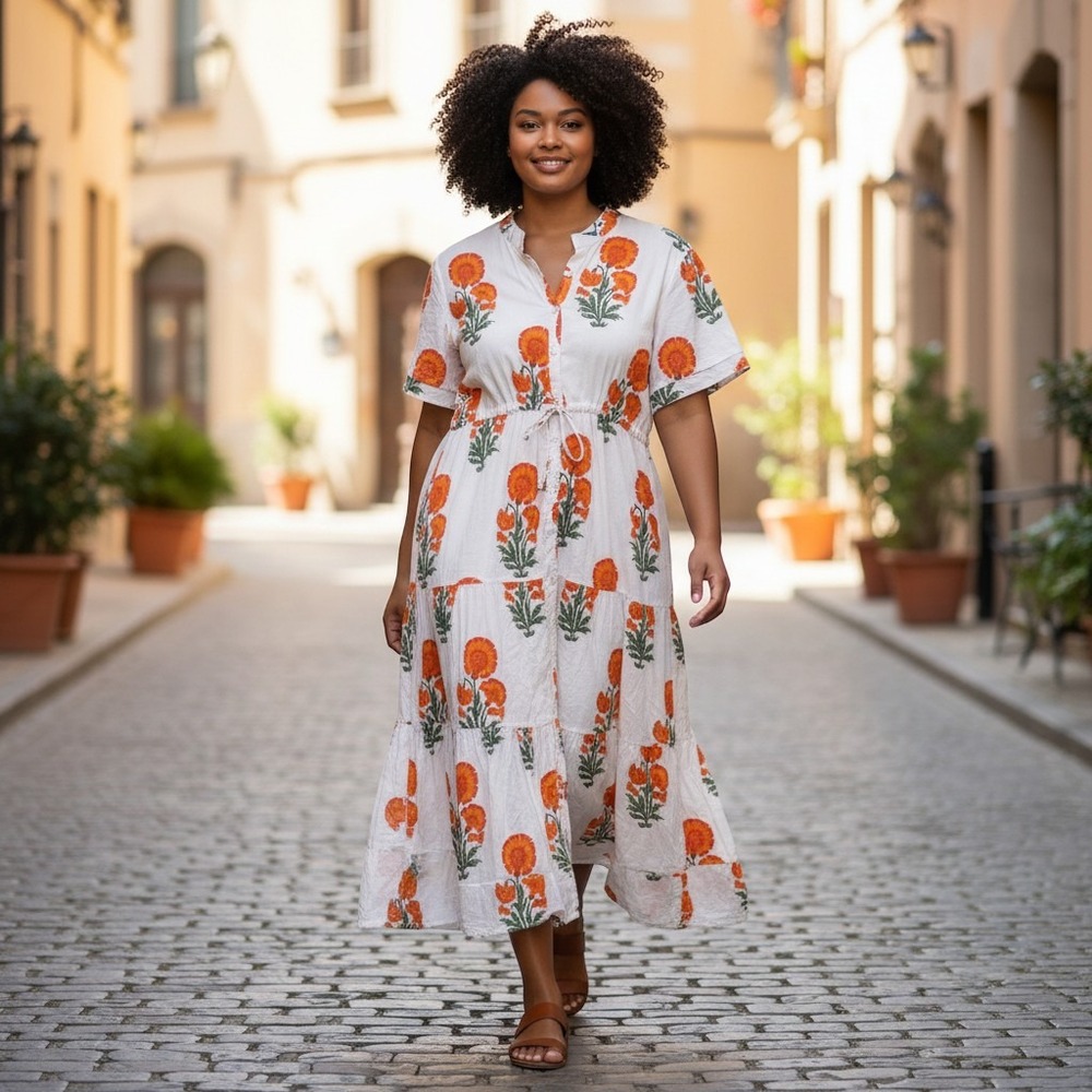 Victoria Dunn Maxi Dress 2XL Magnolia Garden Flutter White Orange Floral Cotton
